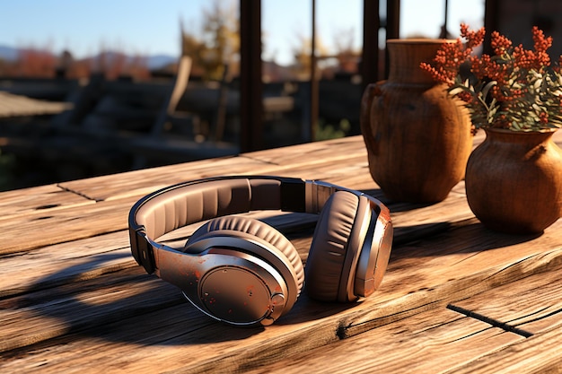 Vector the pair of wireless headphones on a wooden surface headphone with sunlight on walk way wood