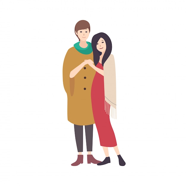 Пара молодых женщин носить модную одежду, стоя вместе, обнимая и улыбается. Современная лесбийская пара. Плоские персонажи мультфильмов изолированных Красочные иллюстрации.