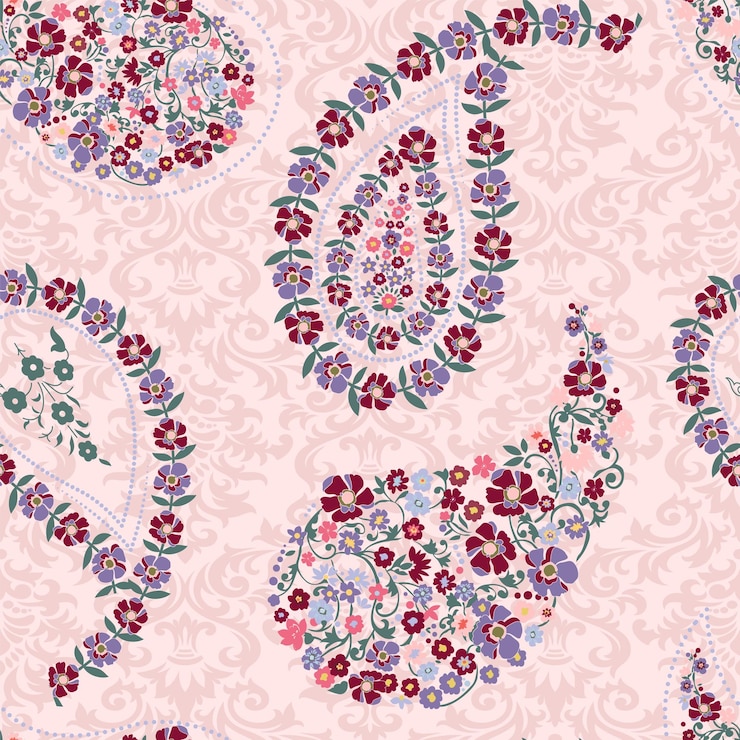 Vector paisley shape flower bunch seamless pattern with damask ornamental background