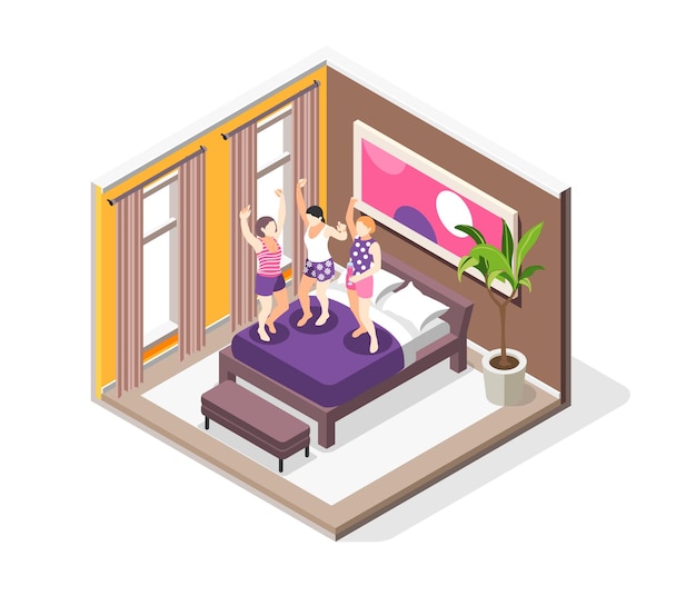 홈 인테리어 그림에서 침대에 점프 세 젊은 행복한 여자와 파자마 파티 아이소 메트릭 구성