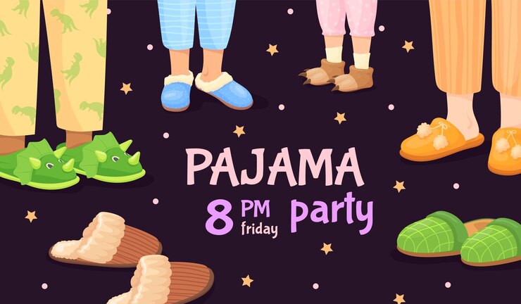 Vector pajama party sleepover invite for kids holiday birthday night child friends feet pajamas pants funny slipper pyjama happy bed slumber kid legs background vector illustration of holiday with pajama