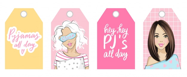 Pajama party vector tags with cute girls and quotes. Young womanl in pyjama and sleep mask.