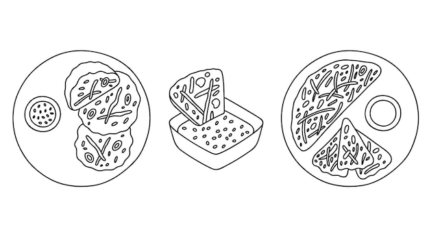 Pajeon met sojasaus en sesam koreaanse traditionele gerechten vector schets set