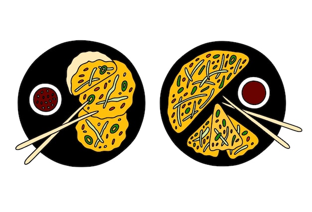 Vector pajeon met sojasaus en voedselsticks op de plaat koreaanse traditionele gerechten vector set