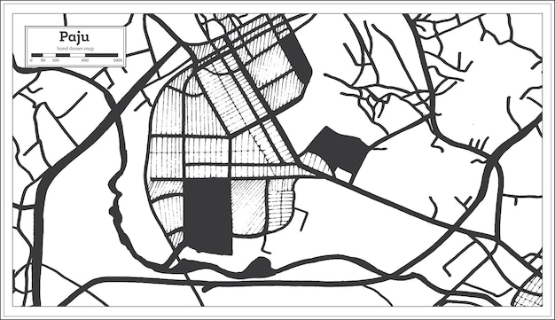 Vector paju south korea city map in black and white color in retro style