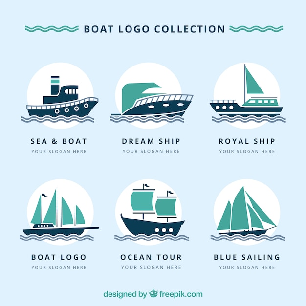 Pak van grote logo's met boten in plat ontwerp