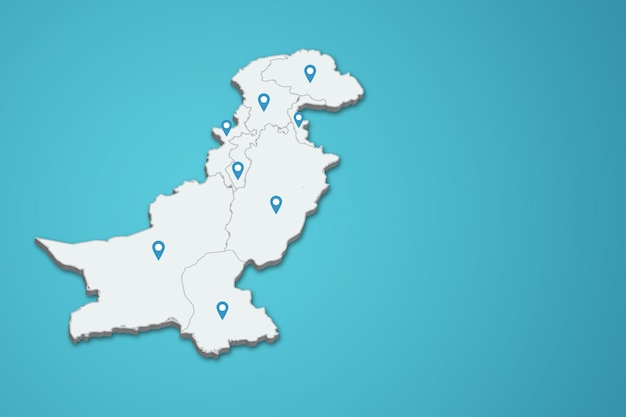 Illustrazione della mappa 3d del pakistan con il perno della mappa su sfondo isolato