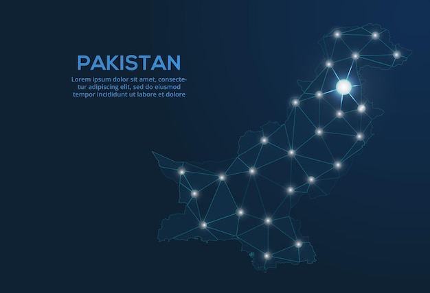 Карта сети связи Пакистана Векторное низкополигональное изображение глобальной карты с огнями в виде городов Карта в виде немого созвездия и звезд