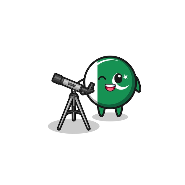 pakistan flag astronomer mascot with a modern telescope
