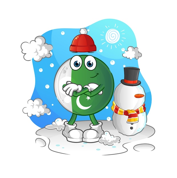Bandiera del pakistan nel vettore della mascotte del fumetto del carattere dell'inverno freddo