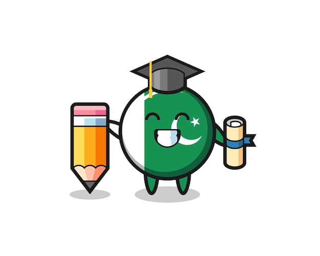 Pakistan flag illustration cartoon is graduation with a giant pencil , cute design