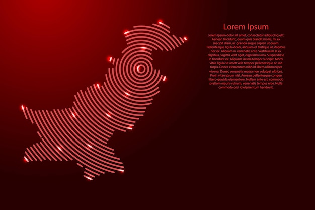 Pakistan map from futuristic concentric red circles and glowing stars for banner poster greeting card