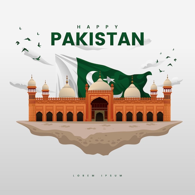 Vector pakistan resolution day mosque landmark orange color with big nation flag