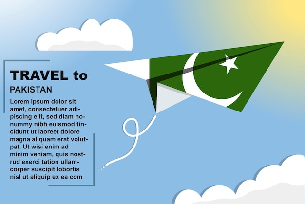 Pakistan travel vector banner with paper flag and text space flag on paper plane vacation concept