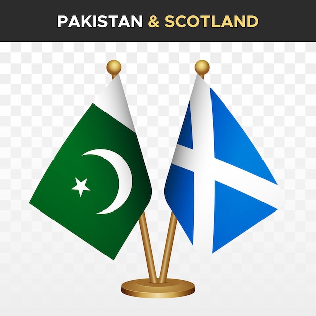 Vector pakistan versus schotland vlaggen pakistaanse 3d staande bureau vlag geïsoleerd op wit