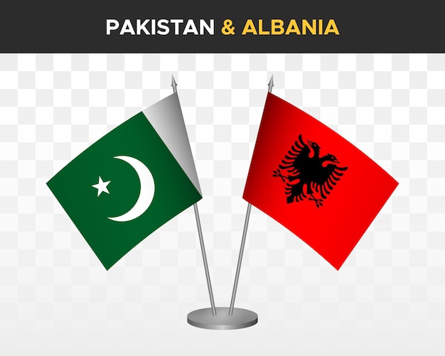 Bandiere da scrivania pakistan vs albania mockup isolate 3d illustrazione vettoriale bandiere da tavolo