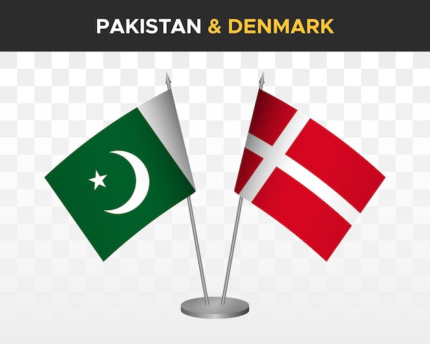 Pakistan vs Denemarken Bureauvlaggen mockup geïsoleerde 3d vector illustratie tafelvlaggen