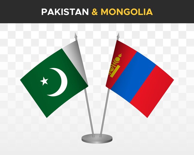 Bandiere da scrivania pakistan vs mongolia mockup isolate 3d illustrazione vettoriale bandiere da tavolo