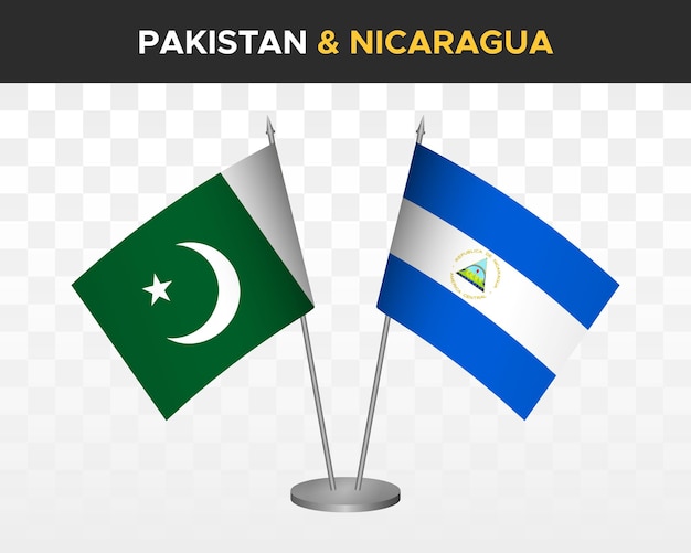 Bandiere da scrivania pakistan vs nicaragua mockup isolate 3d illustrazione vettoriale bandiere da tavolo