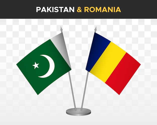 Pakistan vs Roemenië Bureau vlaggen mockup geïsoleerde 3d vector illustratie tafel vlaggen
