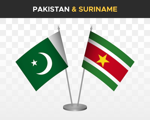 Pakistan vs Suriname bureau vlaggen mockup geïsoleerde 3d vector illustratie tafel vlaggen