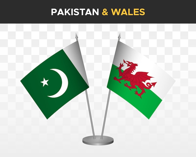 Pakistan vs wales bureau vlaggen mockup geïsoleerde 3d vector illustratie tafel vlaggen