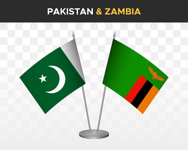Pakistan vs Zambia bureauvlaggen mockup geïsoleerde 3d vector illustratie tafelvlaggen