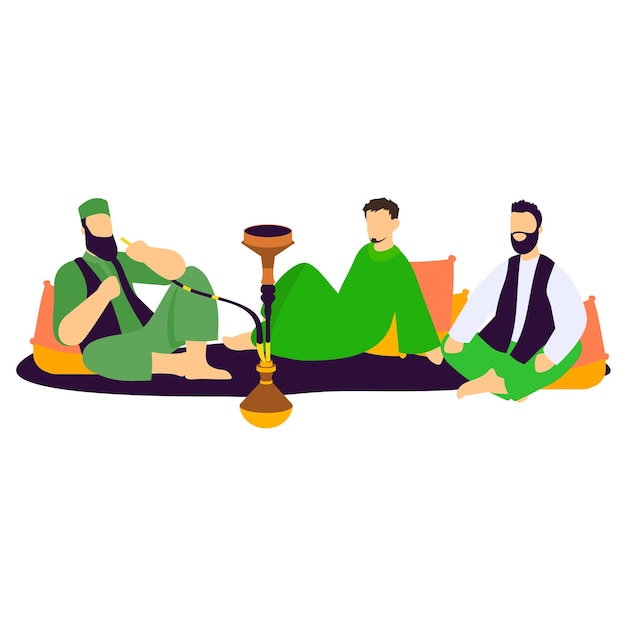 Vector pakistani people sitting on rug and smoking huqqa concept community life in villages vector design