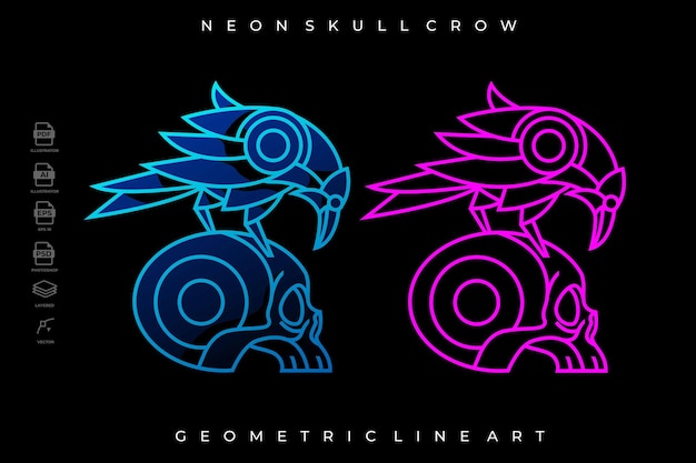 Pakje Lineart Neon Skull Crow Tattoo Logo Illustratie