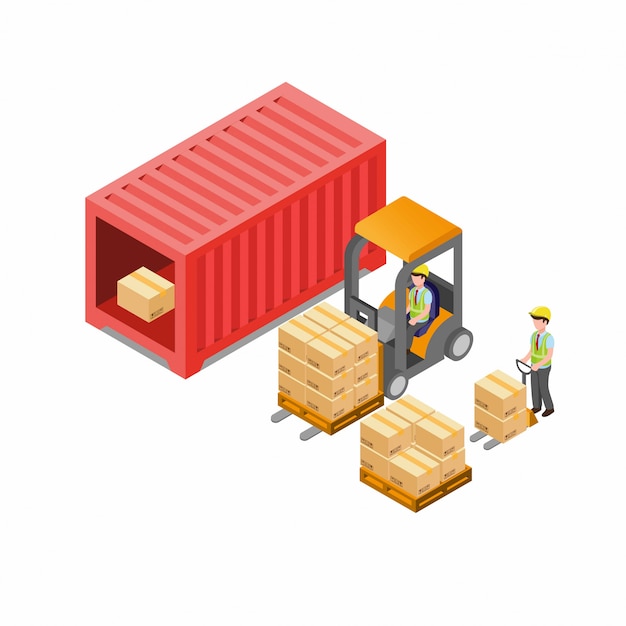 Pakket verzending leveringsproces, lading logistieke magazijn isometrische illustratie