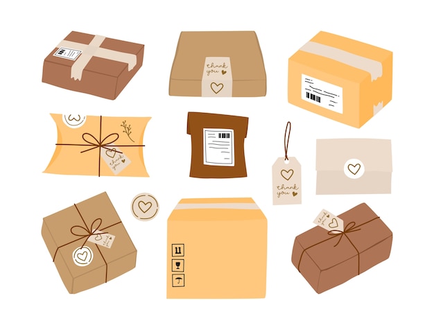 Pakketbezorgdoos en milieuvriendelijke geschenkverpakking met labelsticker en bedankkaartcollectie.