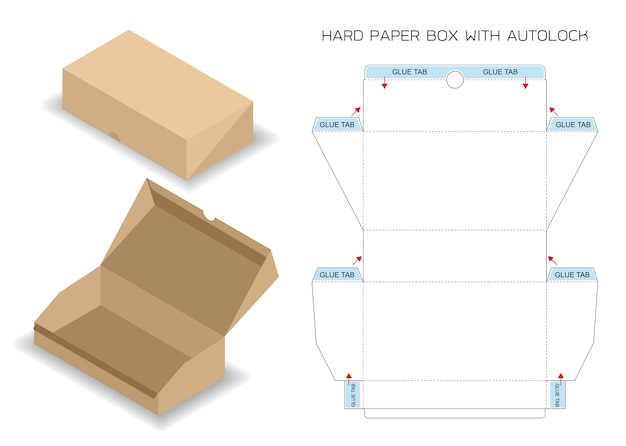 Pakketdoos gestanst met 3d-mock-up met automatische vergrendeling