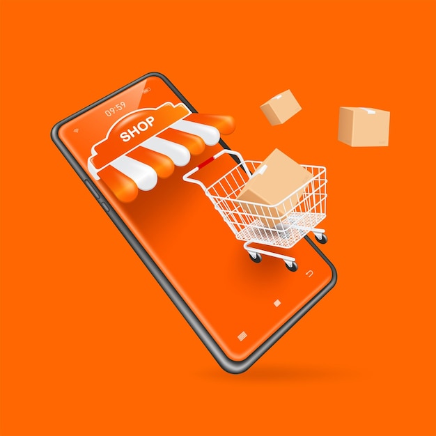 Pakketdoos in winkelwagen en alle objecten drijvend op scherm smartphone winkel voor levering en online shopping concept designvector 3d op oranje achtergrond