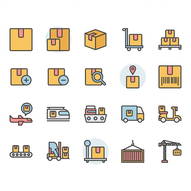 Vector pakketlevering en logistiek gerelateerde pictogram en symboolset