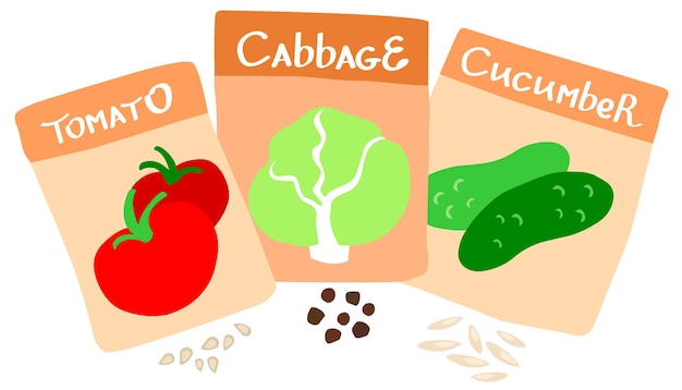 Pakketten met droge zaden van tomaten, koolkomkommers voor het planten Handgetekende vectorillustratie