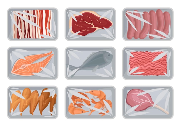 Vector pakketten met vers vlees spek worstjes vis en kip set voedsel plastic bakjes containers met transparante cellofaan deksel vector illustratie geïsoleerd op een witte achtergrond