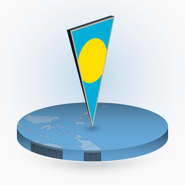 Vector palau map in round isometric style with triangular 3d flag of palau