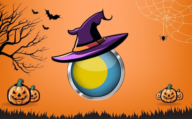 palau round flag with Happy Halloween banner or party invitation background bats spiders and pumpkins orange background