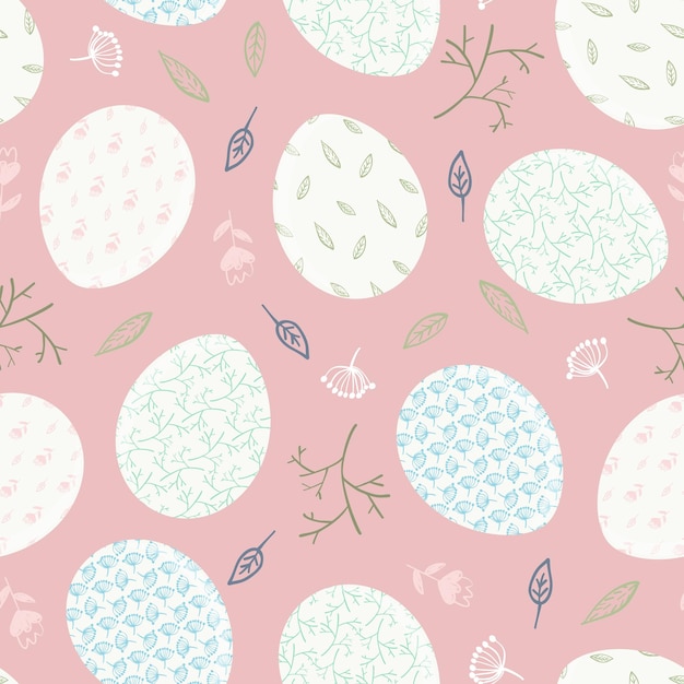 Pale pink Happy Easter seamless pattern with white decorated eggs, branches and flowers