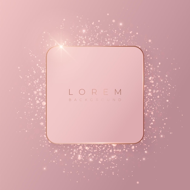 Pale pink square 3d background mockup shape with gold frame and shiny glitter.