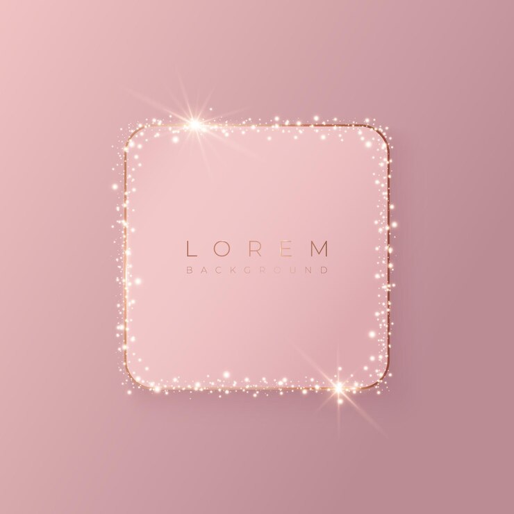 Vector pale pink square 3d background shape with gold frame and shiny glitter, vector illustration