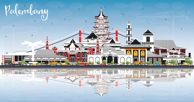 Orizzonte della città di palembang indonesia con edifici grigi, cielo blu e riflessi