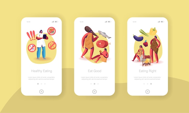 Paleo diet healthy eating mobile app page onboard screen template