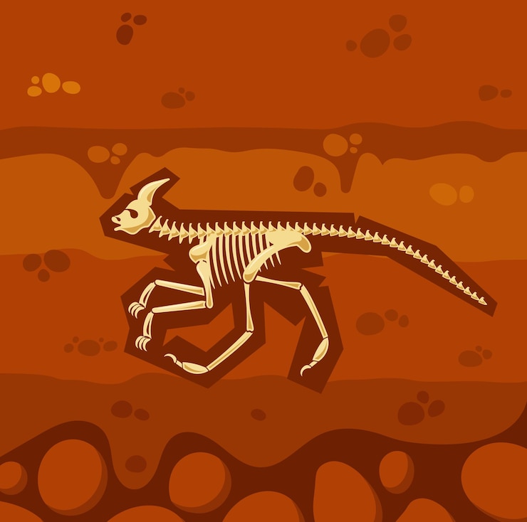 Vector paleontology science concept dinosaur skeleton bones in dirt underground clay layer archeology bones in soil layers