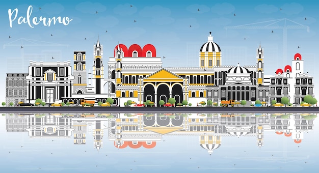 Palermo Italy City Skyline with Color Buildings, Blue Sky and Reflections. Vector Illustration. Business Travel and Tourism Concept with Historic Architecture. Palermo Sicily Cityscape with Landmarks.