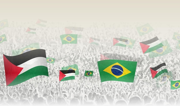 Palestine and Brazil flags in a crowd of cheering people