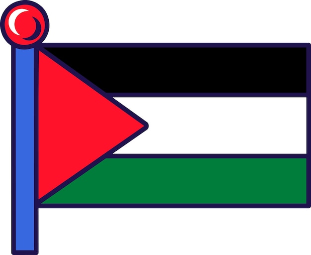 パレスチナの国旗は旗柱のベクトルで 黒と白と緑の水平三色で 赤の三角形が掲げられている アジアの国境の象徴的な平らな漫画のイラスト