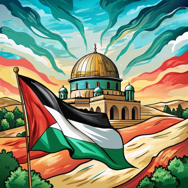 Palestine Flag and Dome of Rock Brush Strokes Vector Illustration