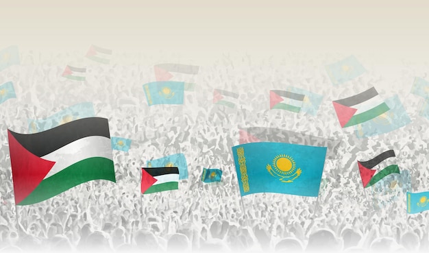 Palestine and Kazakhstan flags in a crowd of cheering people