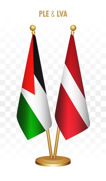 Vettore bandiere permanenti della palestina e della lettonia isolate su bianco bandiera da tavolo palestinese